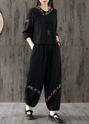 Black Jacquard Cotton Two Piece Set Women Clothing Embroideried Oriental Button Spring