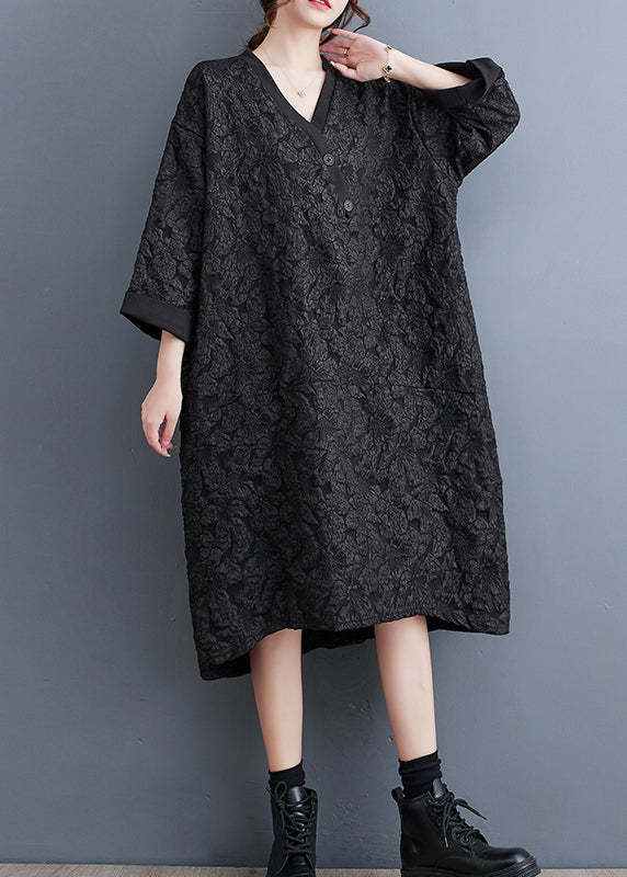 Black Jacquard Patchwork Plus Size Cotton Dress V Neck Fall