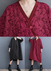 Black Jacquard Patchwork Plus Size Cotton Dress V Neck Fall