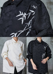 Black Jacquard Silk Shirt Embroideried Chinese Button Spring