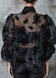 Black Jacquard Tulle Blouse Top Hollow Out Spring