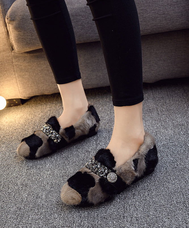 Black Khaki Mink Hair Boutique Splicing Zircon Flat Shoes