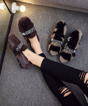 Black Khaki Mink Hair Boutique Splicing Zircon Flat Shoes