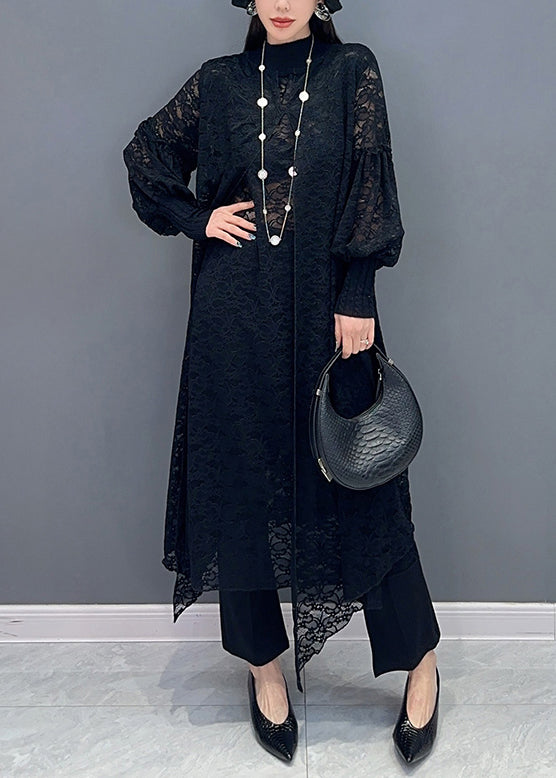 Black Knit Patchwork Lace Long Dress Asymmetrical Long Sleeve