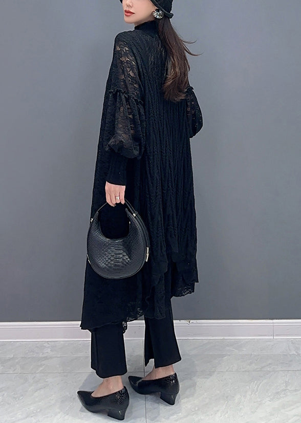 Black Knit Patchwork Lace Long Dress Asymmetrical Long Sleeve