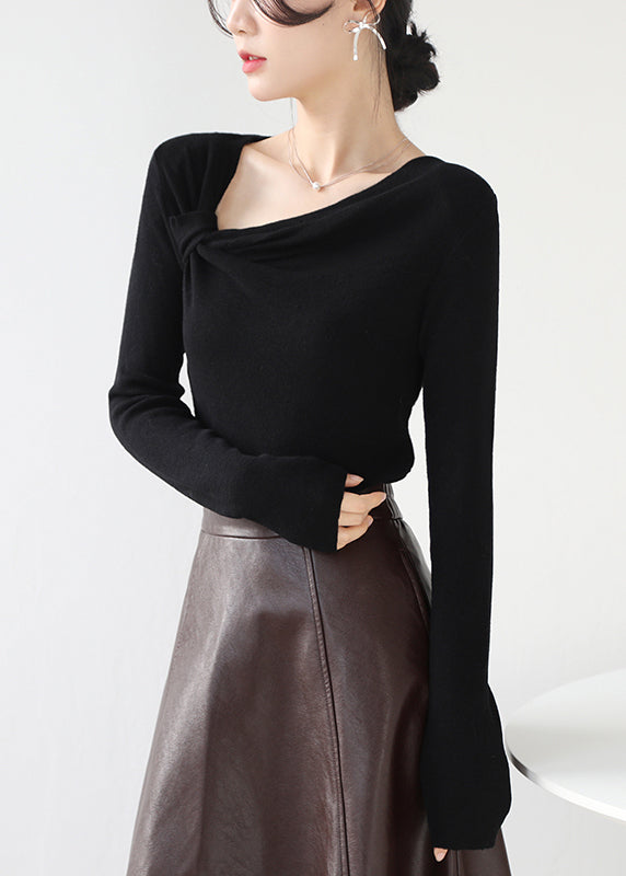 Black Knit Top Asymmetrical Wrinkled Slash Neck Spring