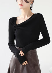 Black Knit Top Asymmetrical Wrinkled Slash Neck Spring