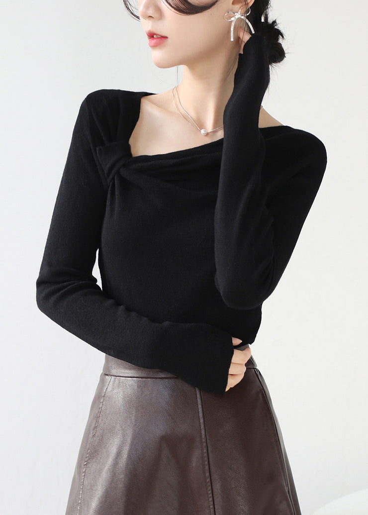 Black Knit Top Asymmetrical Wrinkled Slash Neck Spring