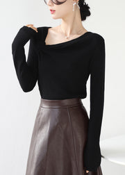 Black Knit Top Asymmetrical Wrinkled Slash Neck Spring