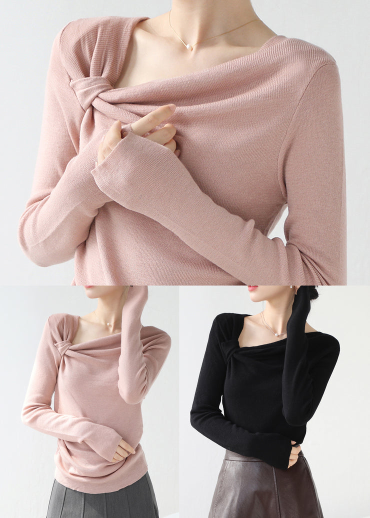 Black Knit Top Asymmetrical Wrinkled Slash Neck Spring