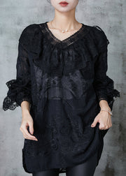 Black Lace Dress Embroidered Ruffles Spring