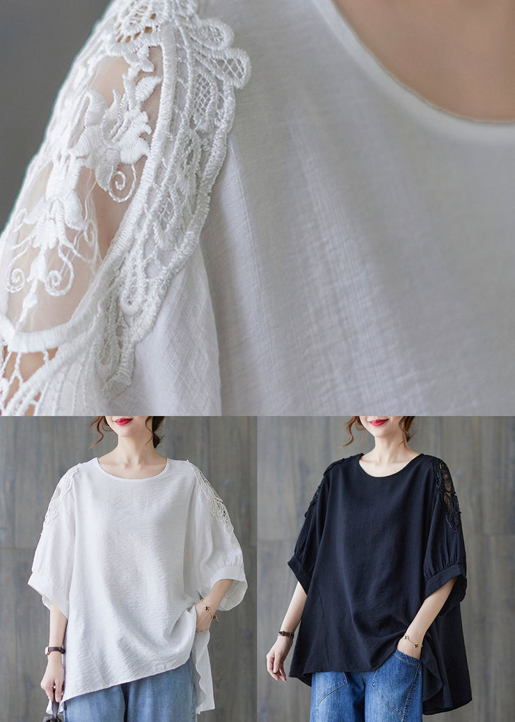 Black Lace Patchwork Cotton T Shirt Top Asymmetrical Summer