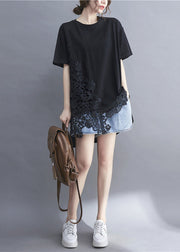 Black Lace Patchwork Cozy Top Short Sleeve