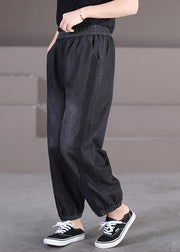 Black Lace Patchwork Elastic Waist Denim Beam Pants Fall