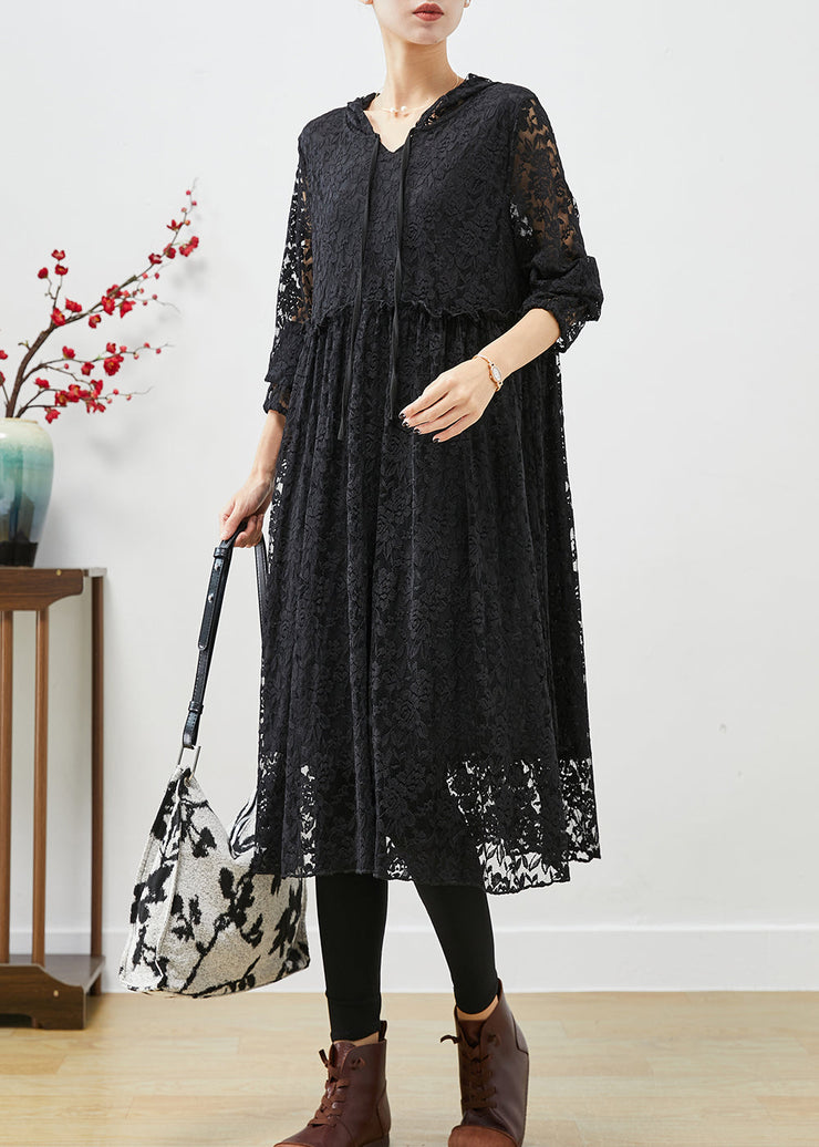 Black Lace Robe Dresses Hooded Exra Large Hem Fall