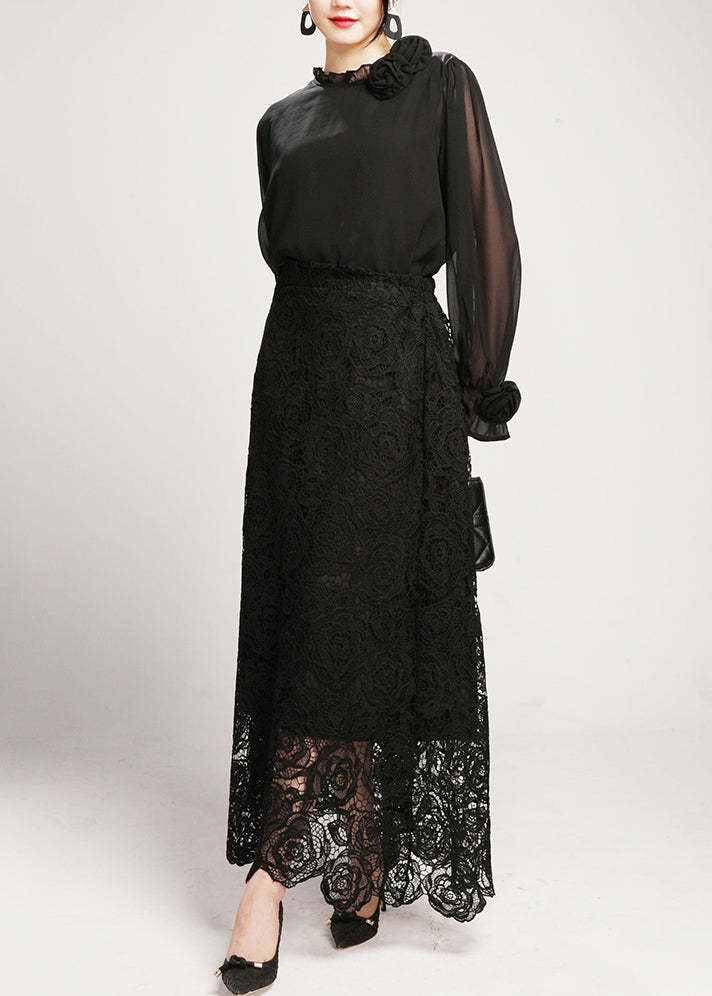 Black Lace Shirts And Maxi Skirts Two Pieces Set V Neck Long Sleeve