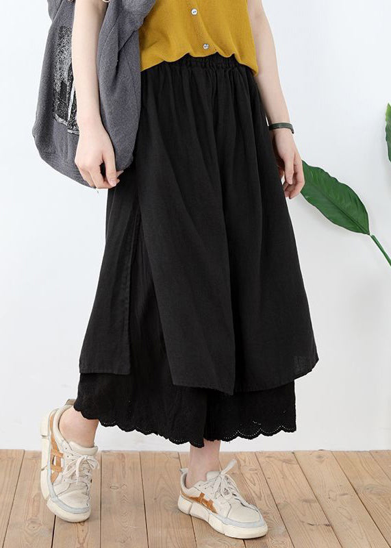 Black Lace Solid Linen Pants Skirt Elastic Waist Summer