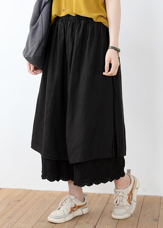 Black Lace Solid Linen Pants Skirt Elastic Waist Summer