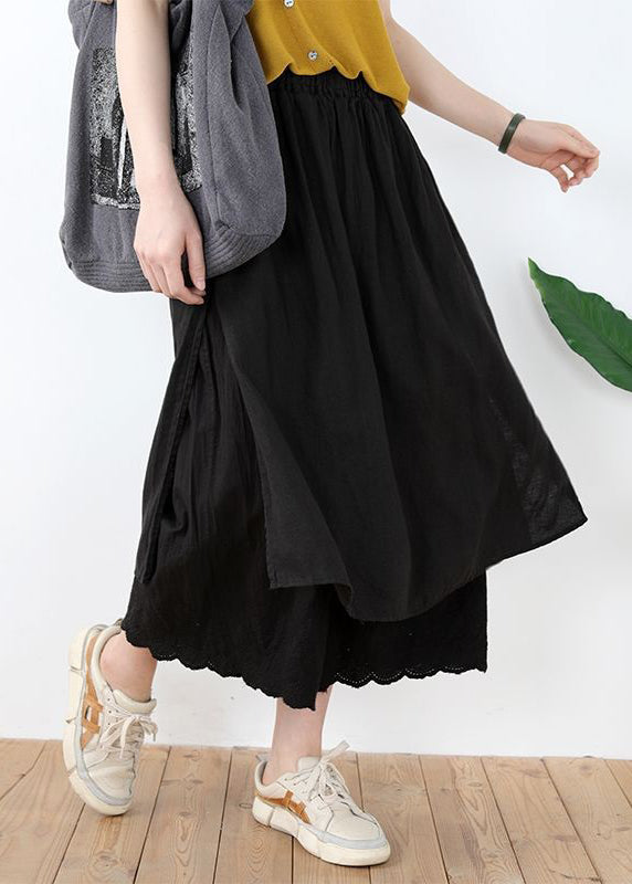 Black Lace Solid Linen Pants Skirt Elastic Waist Summer