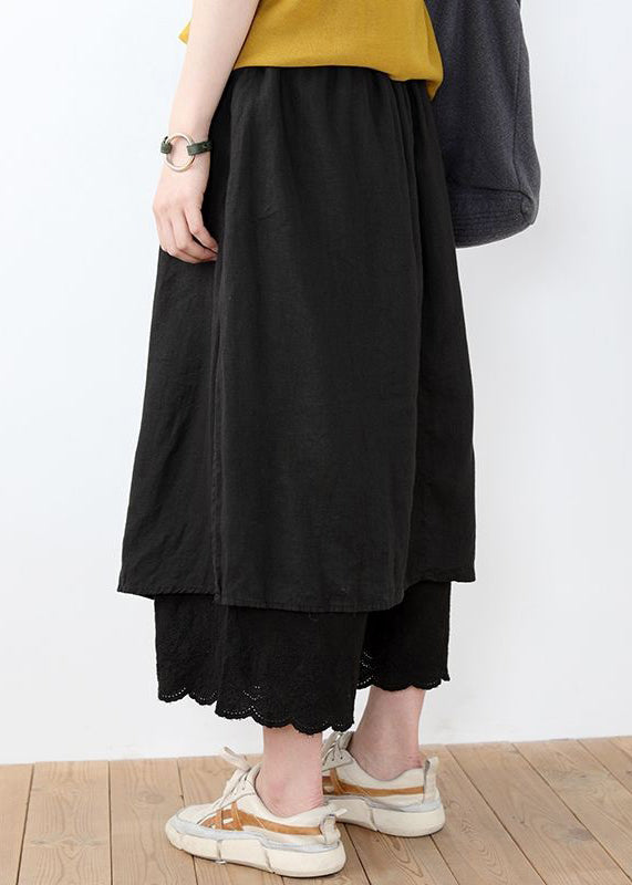 Black Lace Solid Linen Pants Skirt Elastic Waist Summer