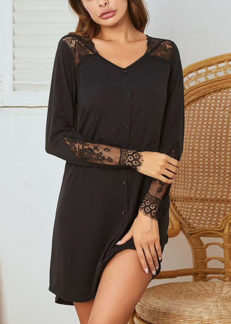 Black Lace Solid Patchwork Cotton Spring Pajamas Dresses V Neck