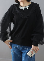 Black Lace Tulle Patchwork Cotton Sweatshirt O Neck Spring