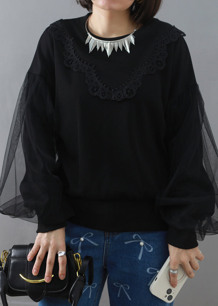 Black Lace Tulle Patchwork Cotton Sweatshirt O Neck Spring