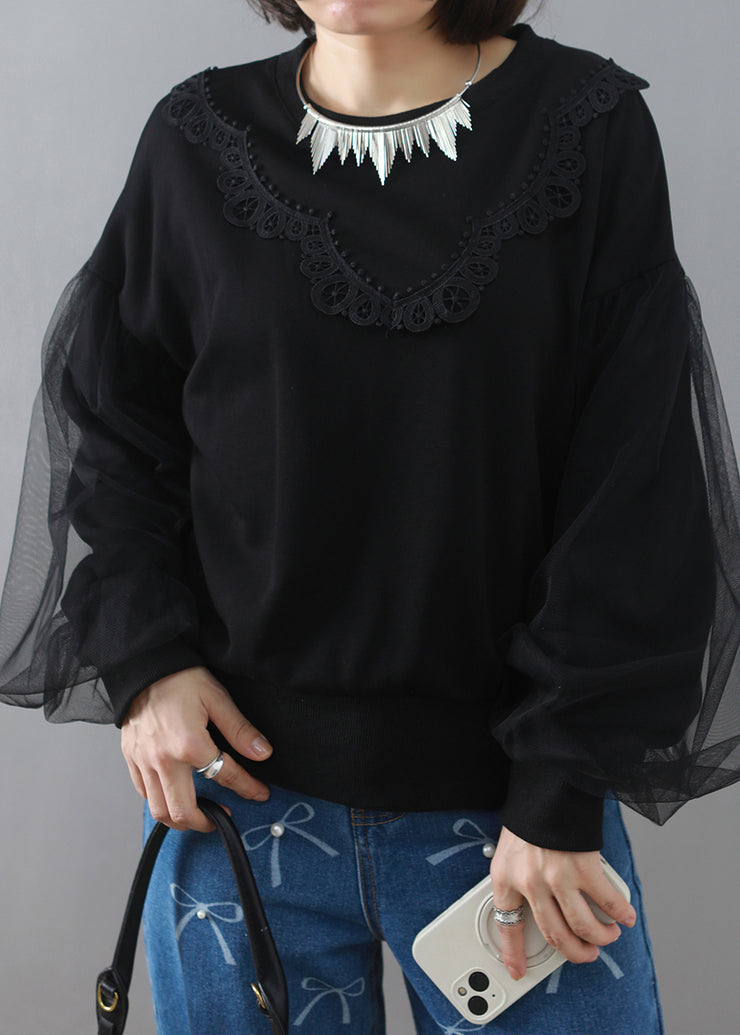 Black Lace Tulle Patchwork Cotton Sweatshirt O Neck Spring