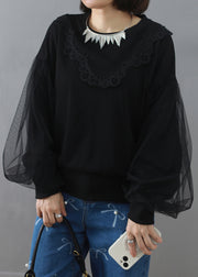 Black Lace Tulle Patchwork Cotton Sweatshirt O Neck Spring