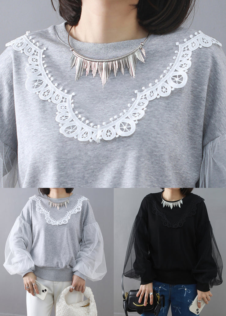 Black Lace Tulle Patchwork Cotton Sweatshirt O Neck Spring