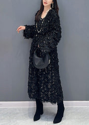 Black Lace Up Patchwork Fuzzy Fur Fluffy Long Dressess V Neck Spring