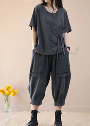 Black Lace Up Pockets Patchwork Denim Two Piece Suit Set Summer