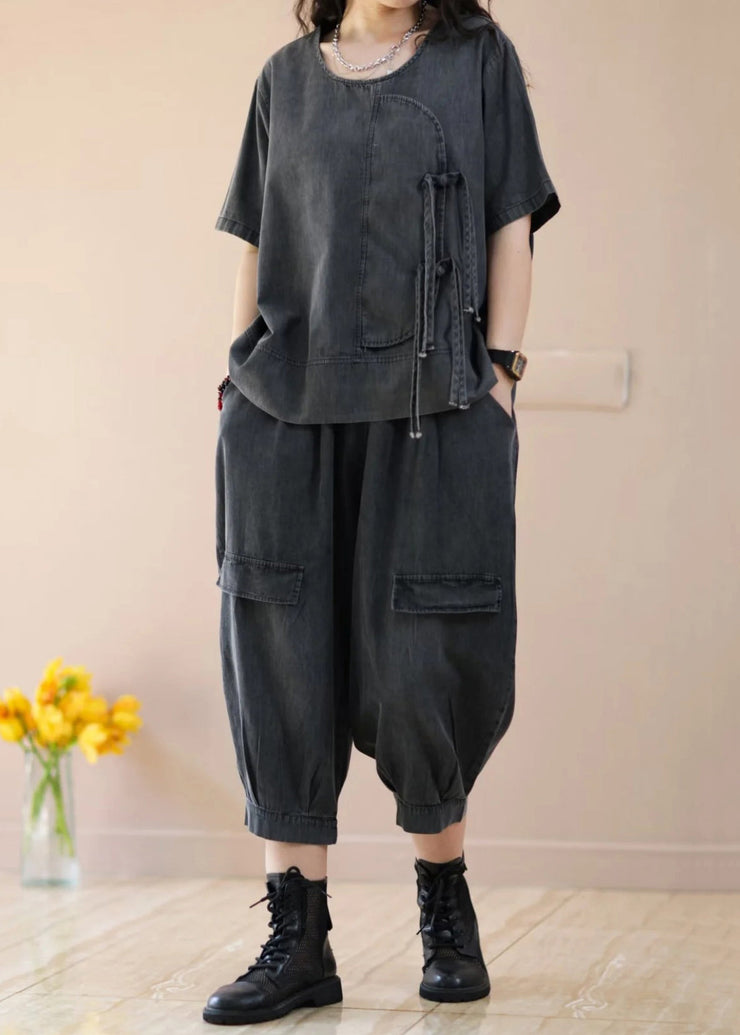 Black Lace Up Pockets Patchwork Denim Two Piece Suit Set Summer