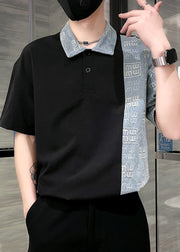 Black Letter Patchwork Cotton Men's T Shirts Peter Pan Collar Summer