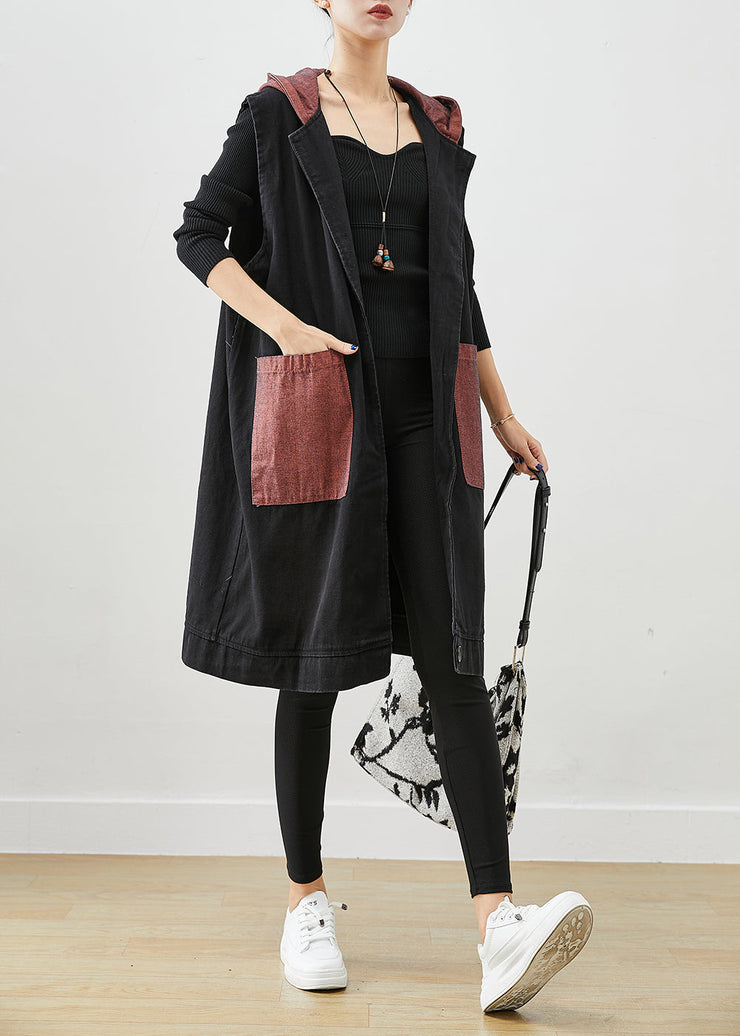 Black Letter Print Denim Long Vests Hooded Pockets Fall