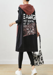 Black Letter Print Denim Long Vests Hooded Pockets Fall