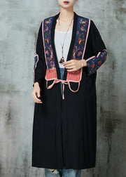 Black Linen Cardigans Embroidered Lace Up Spring