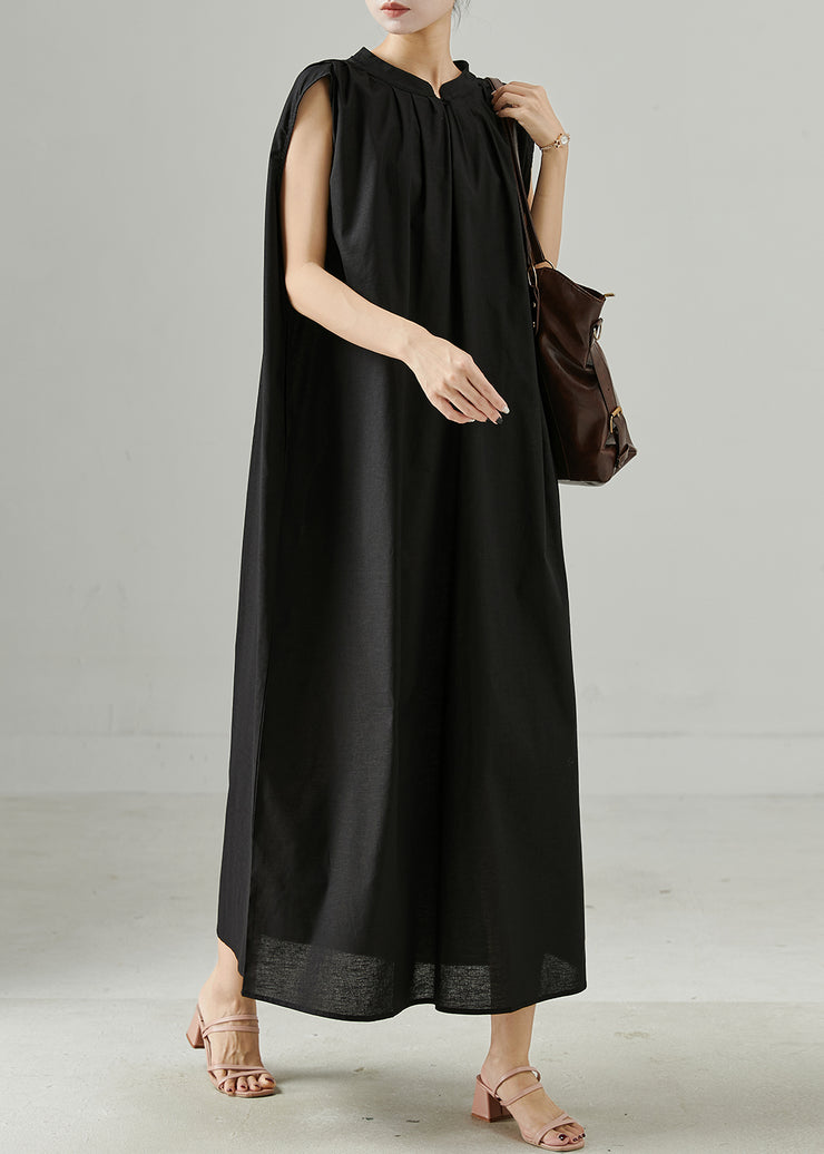 Black Linen Maxi Dress Stand Collar Oversized Sleeveless