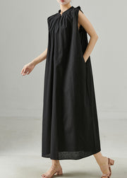 Black Linen Maxi Dress Stand Collar Oversized Sleeveless