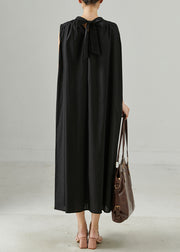 Black Linen Maxi Dress Stand Collar Oversized Sleeveless