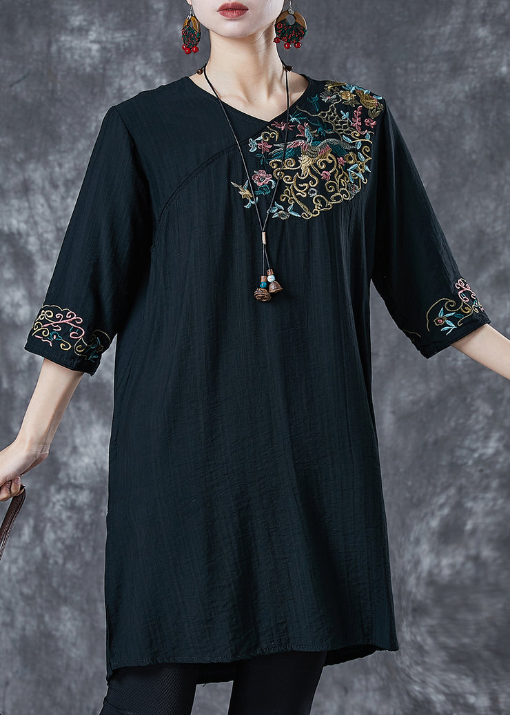 Black Linen Mid Dresses Embroidered Half Sleeve