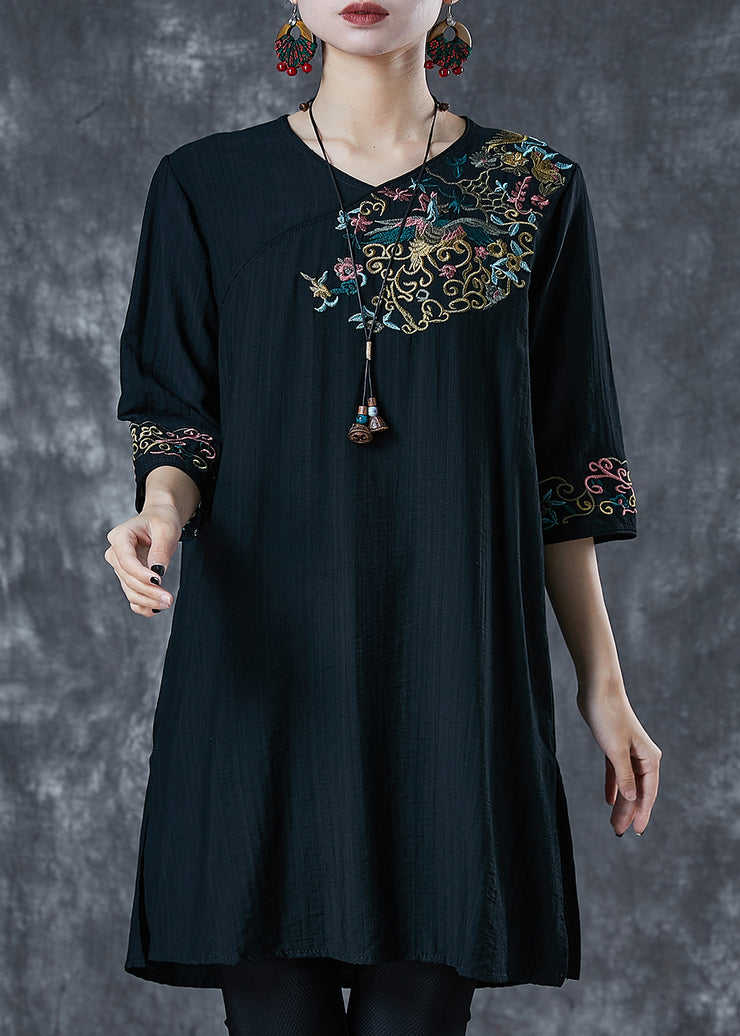 Black Linen Mid Dresses Embroidered Half Sleeve