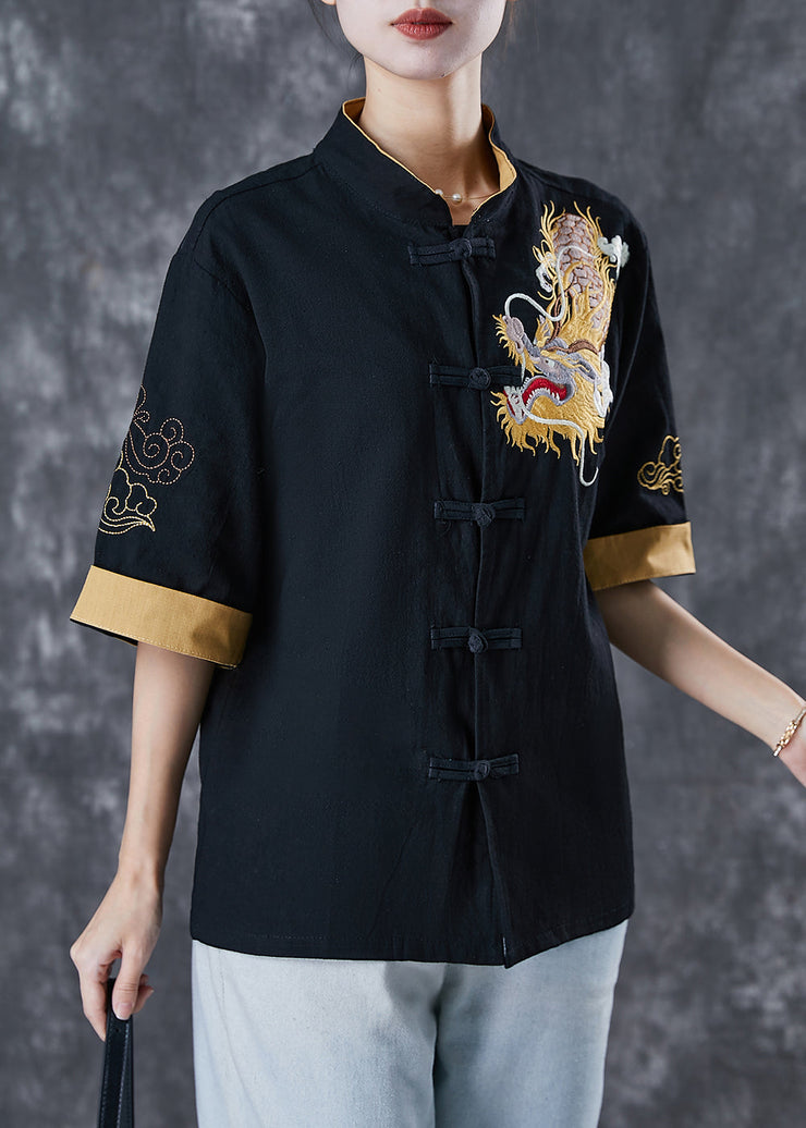 Black Linen Top Embroidered Chinese Button Short Sleeve