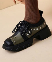 Black Loafers Platform Cowhide Leather Rivet Handmade Lace Up Loafers