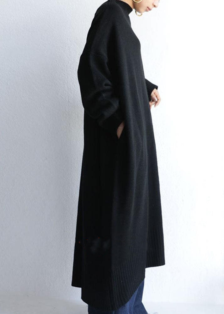 Black Long Knit Dress High Neck Oversized Spring