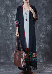 Black Loose Cotton Long Cardigan Embroidered Fall