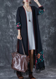 Black Loose Cotton Long Cardigan Embroidered Fall