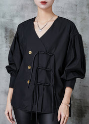 Black Loose Cotton Shirts Tasseled Chinese Button Spring
