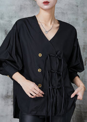 Black Loose Cotton Shirts Tasseled Chinese Button Spring