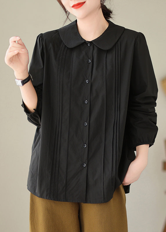 Black Loose Cotton Shirts Tops Peter Pan Collar Wrinkled Spring